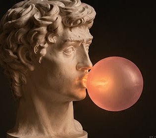 Plaster bust of David blowing a large pink bubblegum bubble