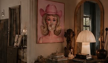 Warm interior with a framed pink cowgirl artwork, a gilt mirror and a lamp